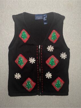 Holiday Patchwork Snowflakes & Trees Sweater Vest Zip- Crazy Horse Liz Size S